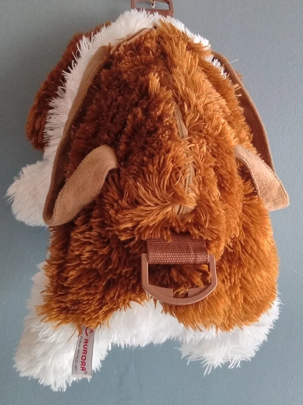 Aurora World Plush Puppy Dog Backpack Brown White Shaggy Faux‎ Fur Kids Bag